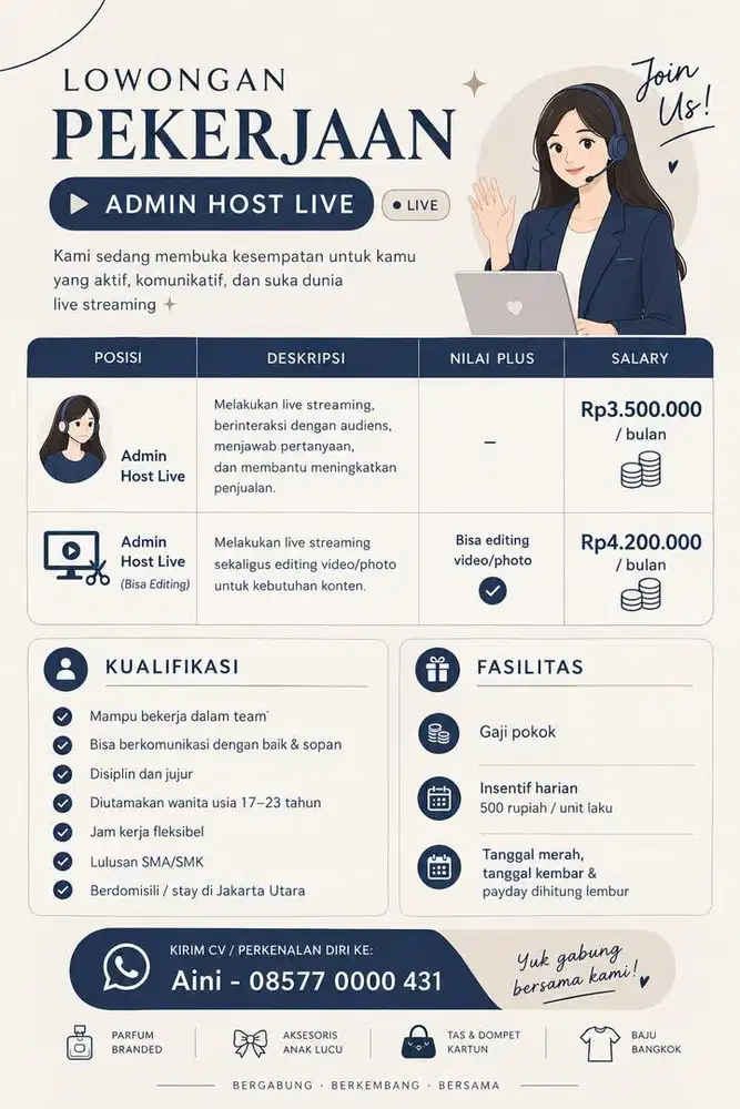 DIBUTUHKAN SEGERA ADMIN HOST LIVE & EDITING