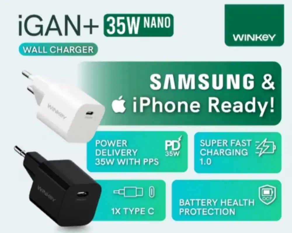 WINKEY 35W MINI SERIES PD iGaN Nano Charger WA351C Hitam Ori