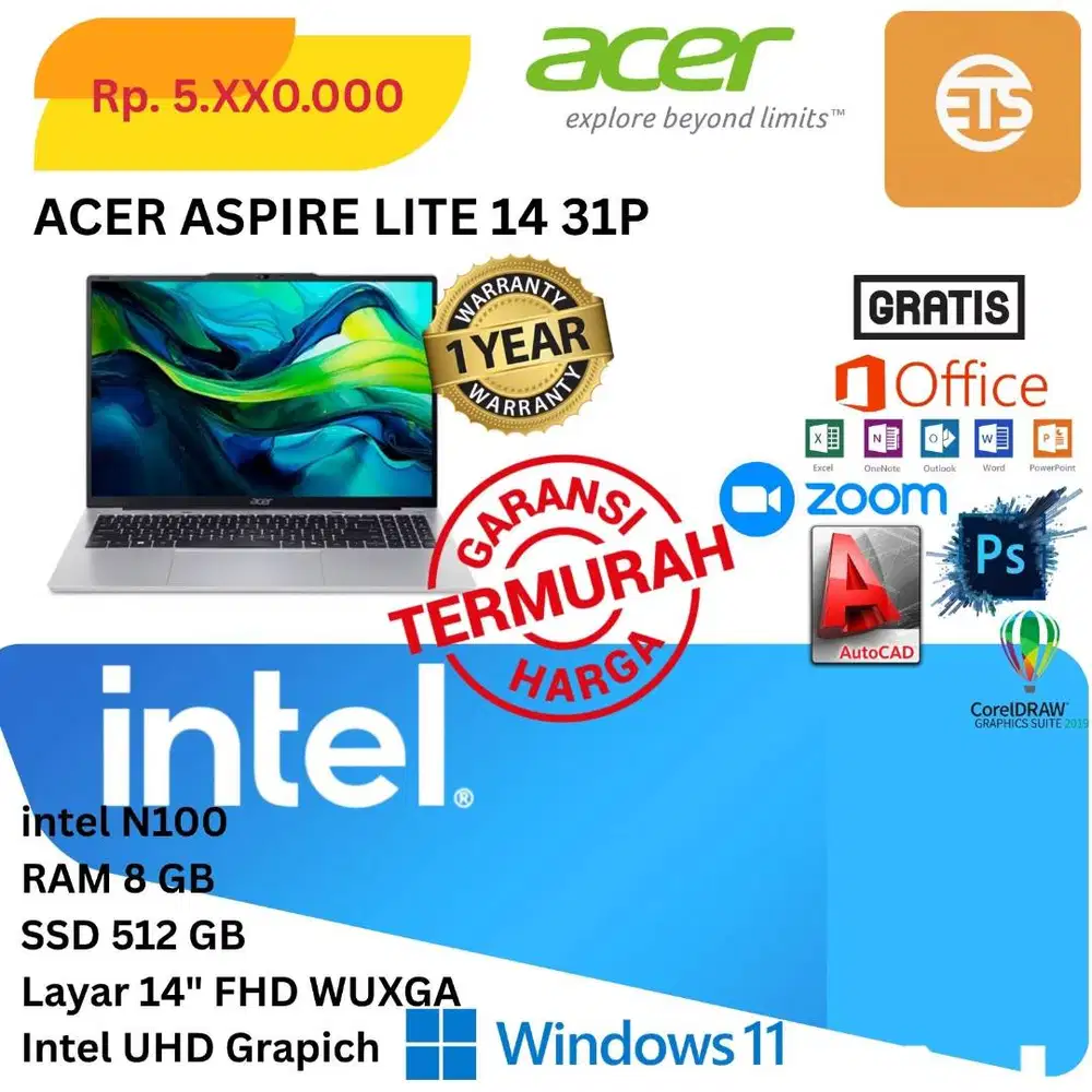 Laptop New Acer Aspire Lite 14 31P Intel N100 RAM 8GB SSD 512GB