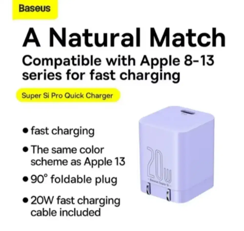 Baseus Super Si Pro Quick Charger 20W Kabel C to Lightning Biru Ori