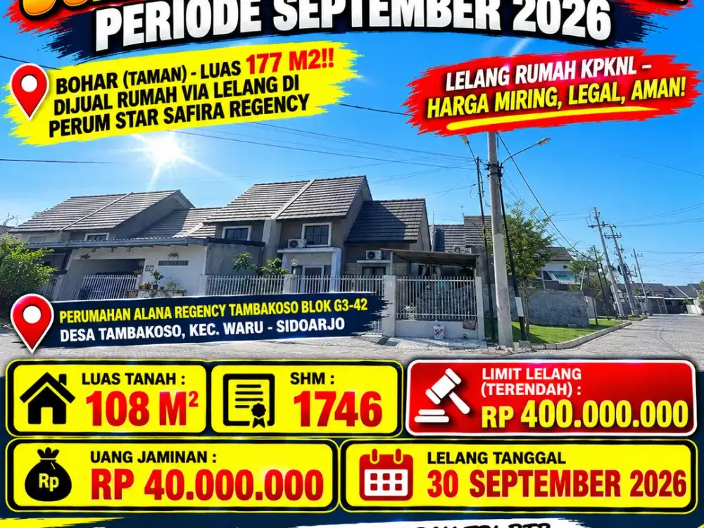 TAMBAKOSO (WARU) - LUAS 108 M2 - HOOK!! DIJUAL RUMAH VIA LELANG DI PERUM ALANA REGENCY