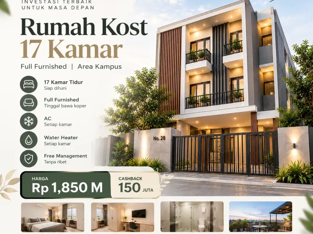 Kost Strategis 10–17 Kamar, Dapat Cashback Rp100–120 Juta