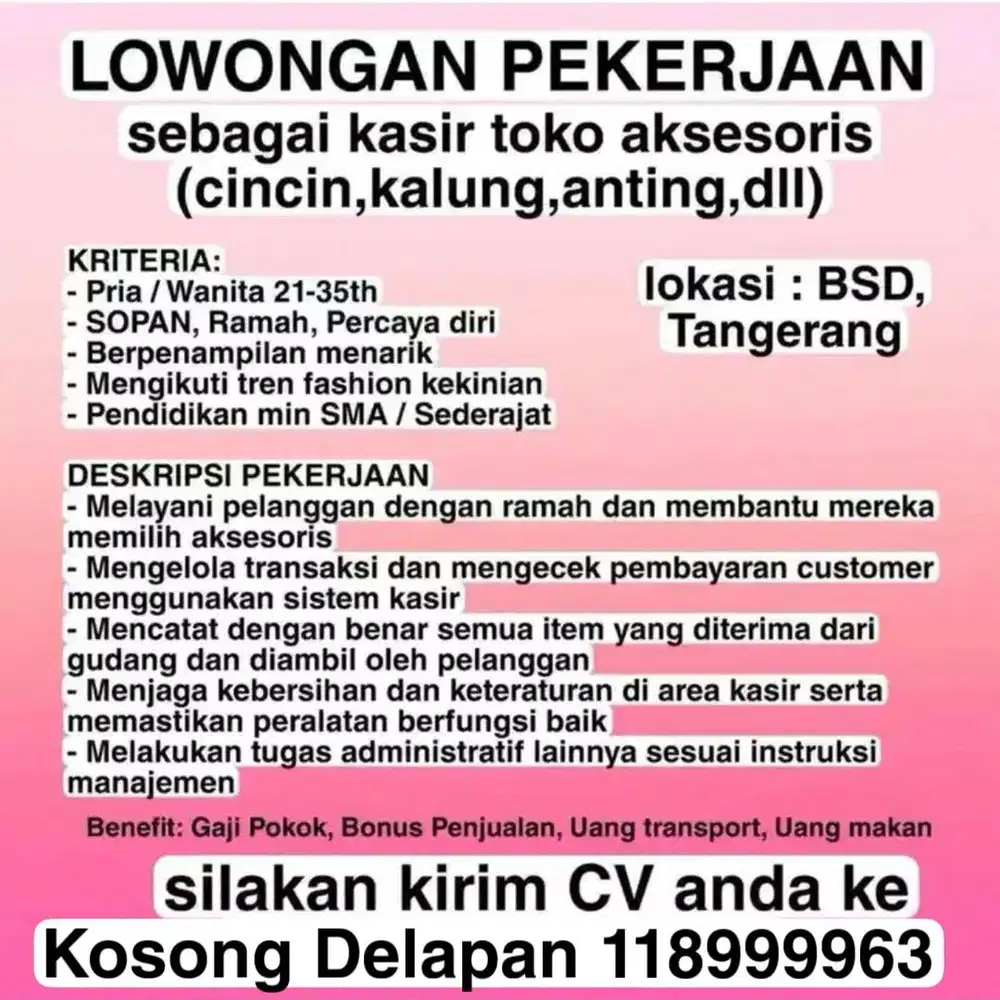 Lowongan Pekerjaan Kasir Toko Bsd Tangerang Selatan