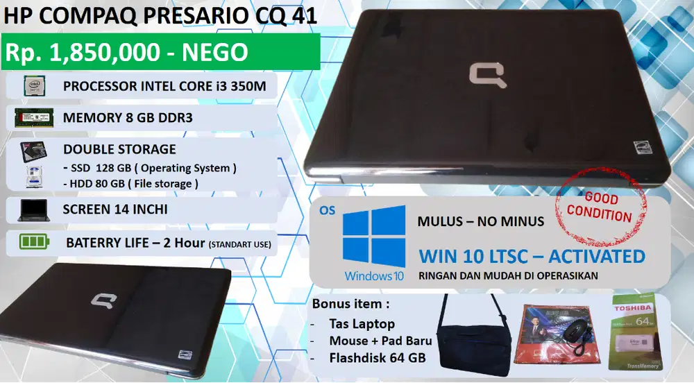 Laptop HP COMPAQ PRESARIO CQ41 Intel core i3 350M Ram 8 GB SSD 128 GB