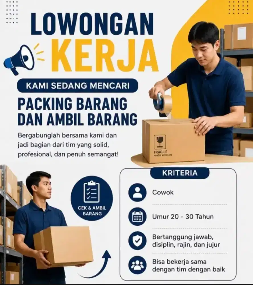 LANGSUNG KERJA PRIA PACKING BARANG GUDANG ADMIN ONLINE TOKO LEMBUR