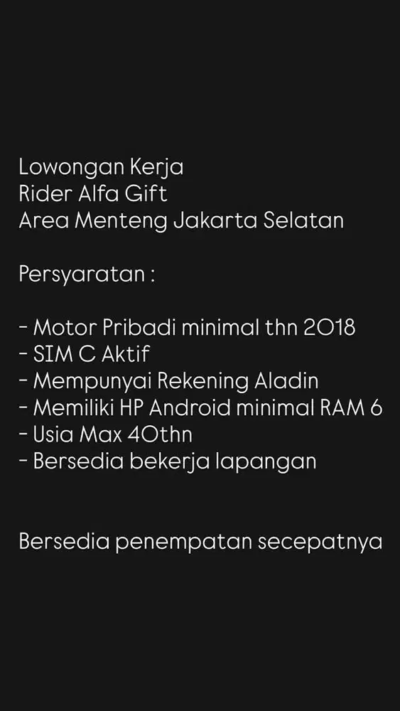 LOWONGAN KERJA RIDER ALFA GIFT