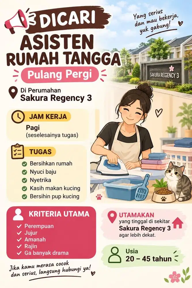 Dibutuhkan ART pulang pergi di perumahan sakura regency 3