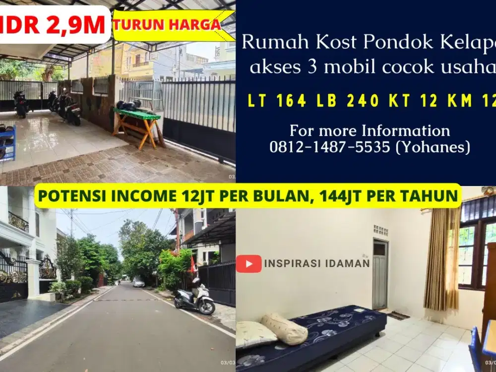 Rumah Kost Pondok Kelapa 12 Kamar Akses 3 Mobil