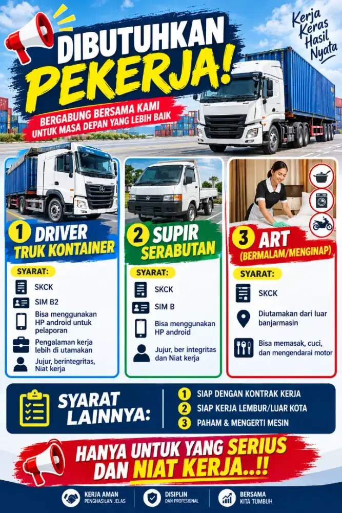 Dicari supir truk yang bertanggung jawab dan niat kerja