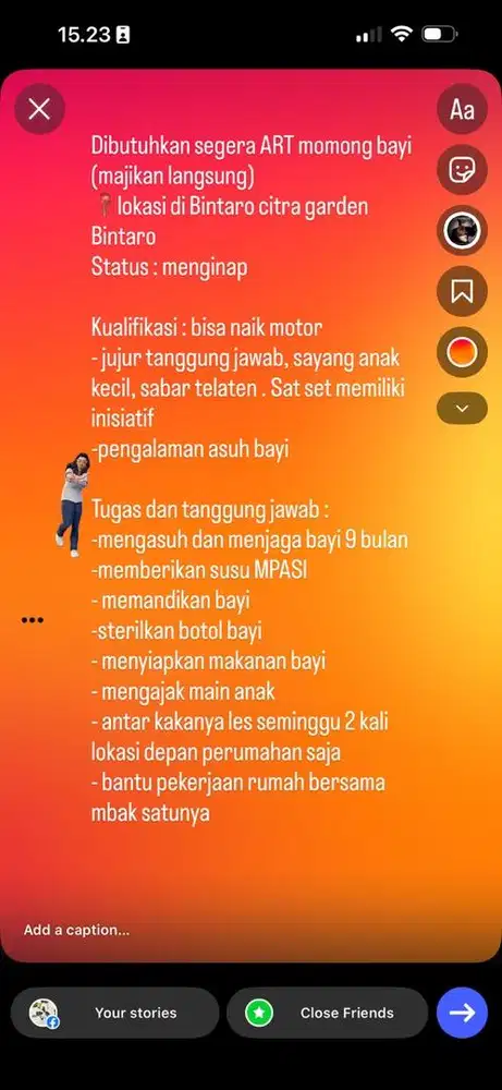 Lowongan kerja untuk ART serabutan  menginap