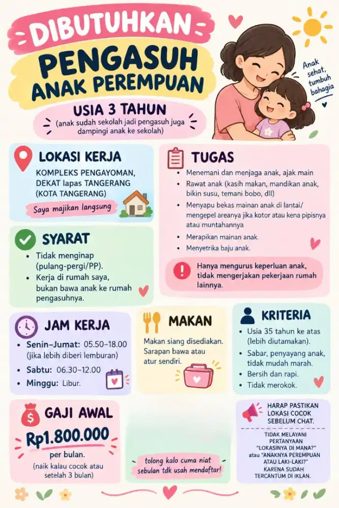 Dicari segera pengasuh anak 3 tahun