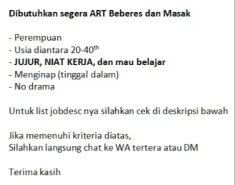Dicari ART Beberes & Masak