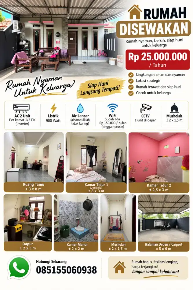 Disewakan Rumah 2 Kamar + 2 AC, Carport Luas, WiFi & CCTV – 25 Jt/Thn