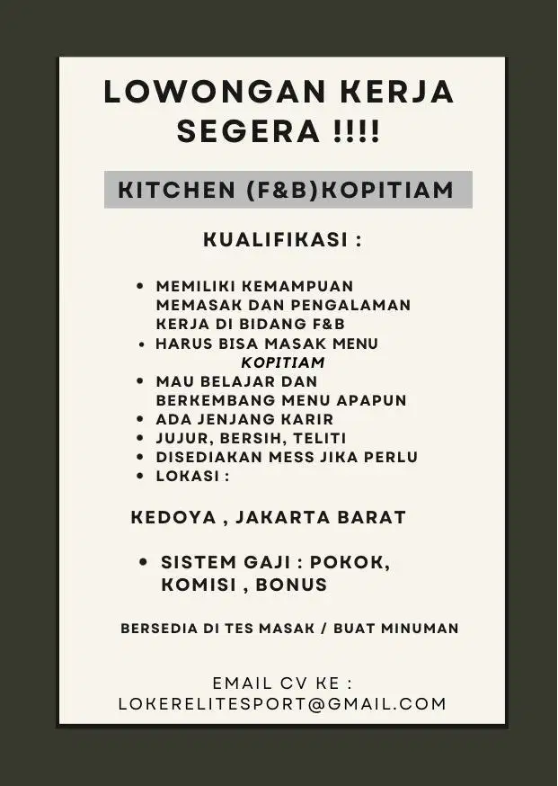 LOKER KITCHEN FNB KOPITIAM