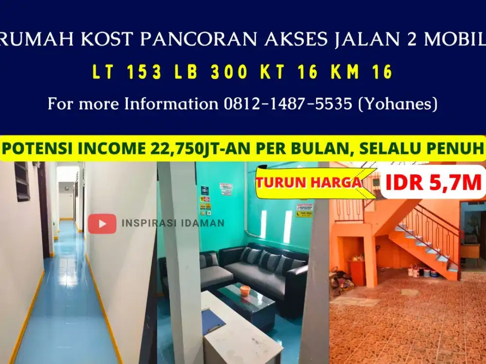 Rumah Kost Pancoran 16 Kamar Akses 2 Mobil
