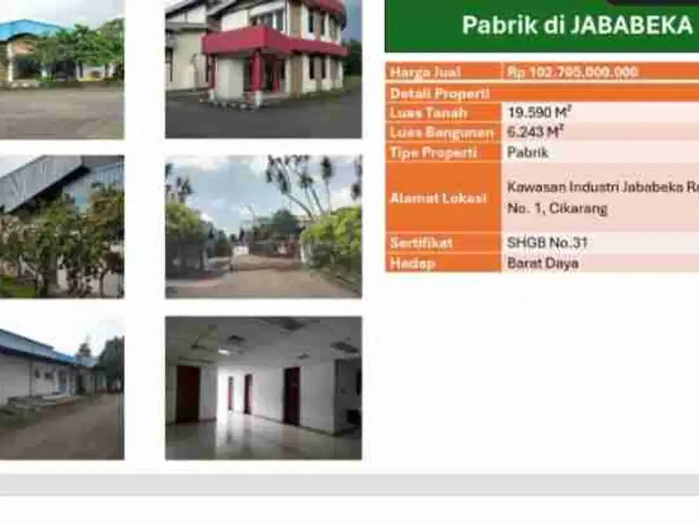 Dijual Pabrik di Kawasan Industri Jababeka Cikarang cocok untuk investasi