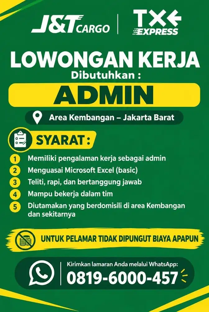 LOWONGAN UNTUK ADMIN JNT CARGO