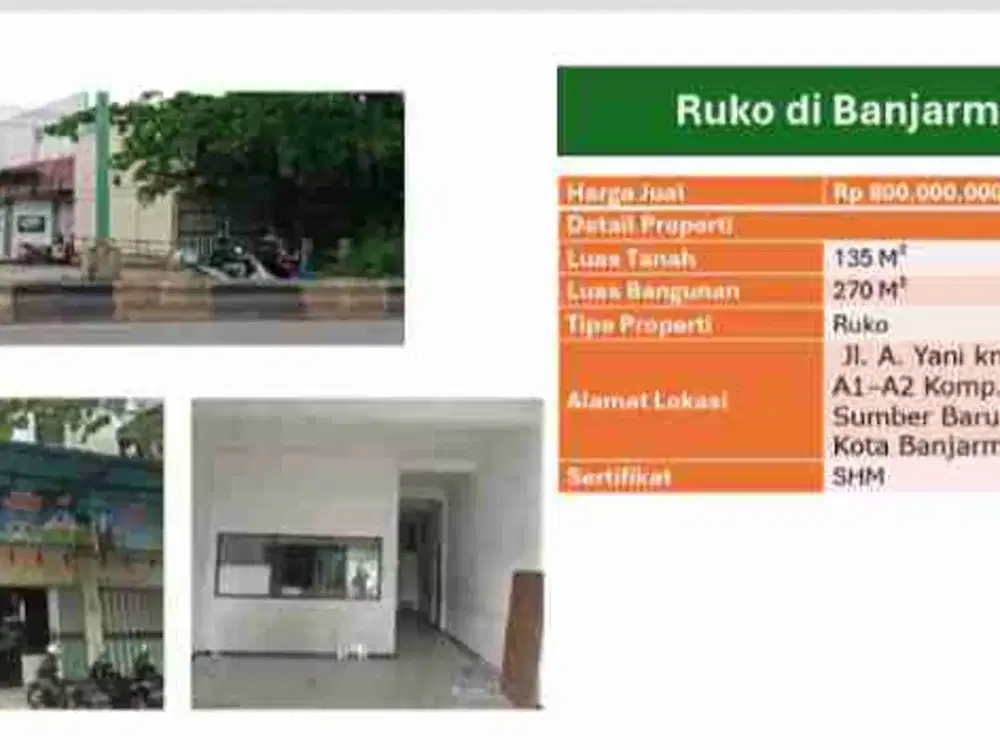 Dijual Ruko jalan A Yani KM 17.9 no A1 A2 komplek pergudangan sumber baru kec gambut kota banjarmasin