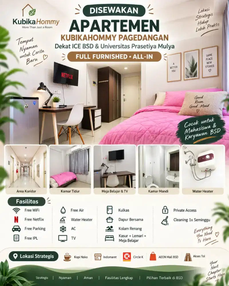 “Disewakan KOST KUBIKAHOMY BSD – FULL FURNISHED ALL-IN”
