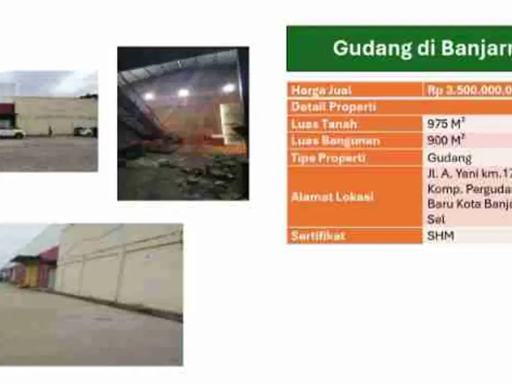 Dijual ex Gudang jalan Ahmad Yani KM 17 komp pergudangan sumber baru kota banjarmasin