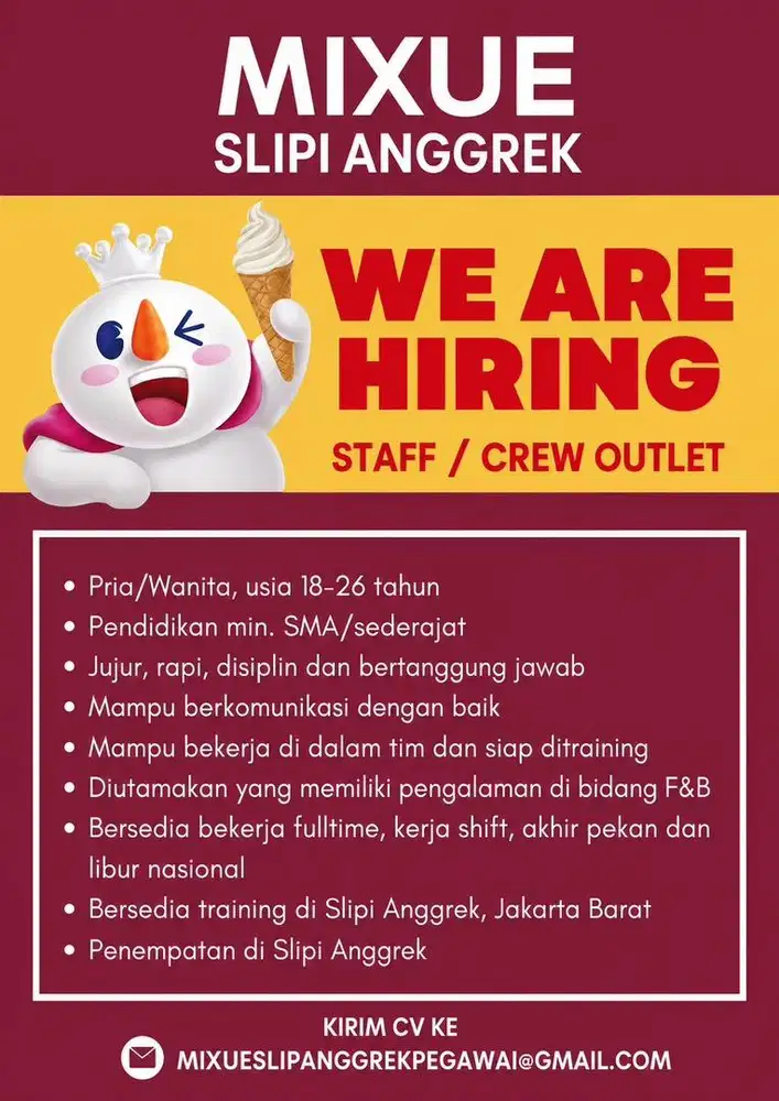 Lowongan Kerja crew mixue slipi anggrek