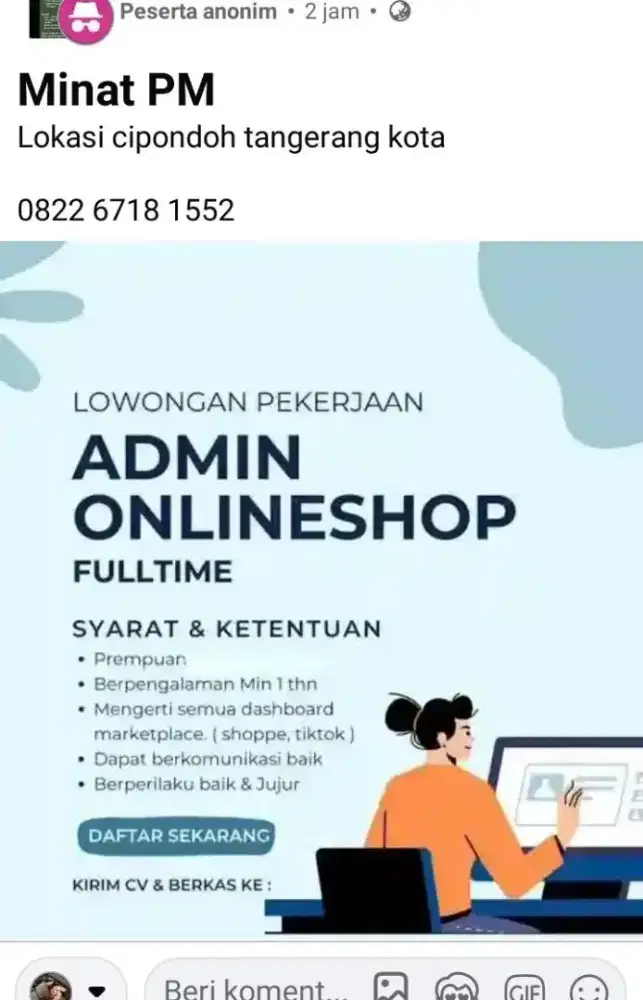 LOKER ADMIN ONLINESHOP KHUSUS WANITA SAJA