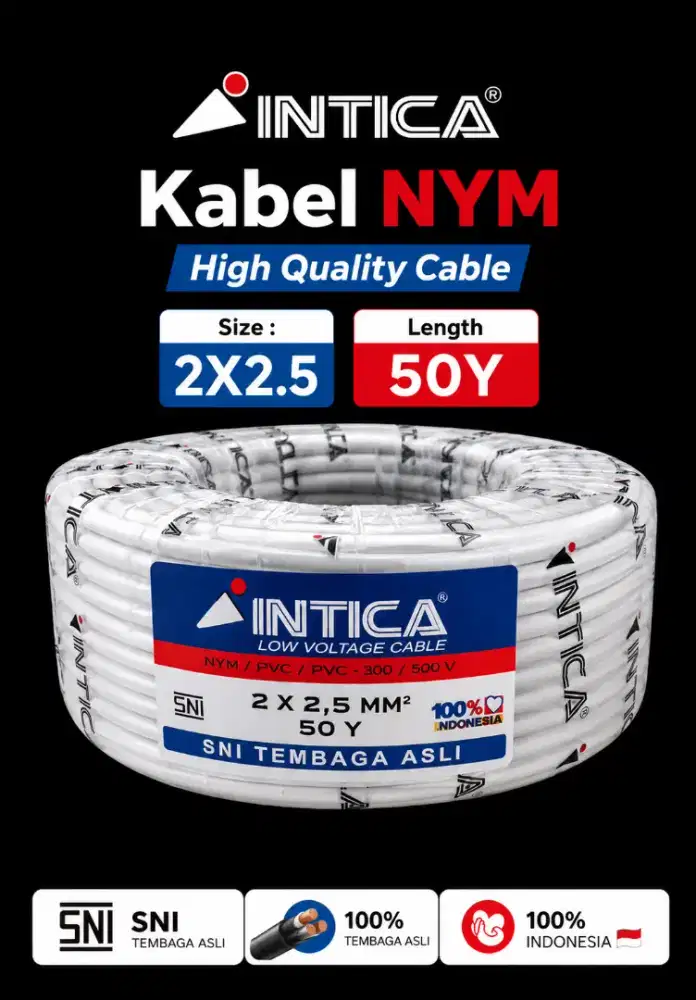 Kabel Listrik 2X2.5 Merk INTICA 50y Tembaga asli Dan SNI