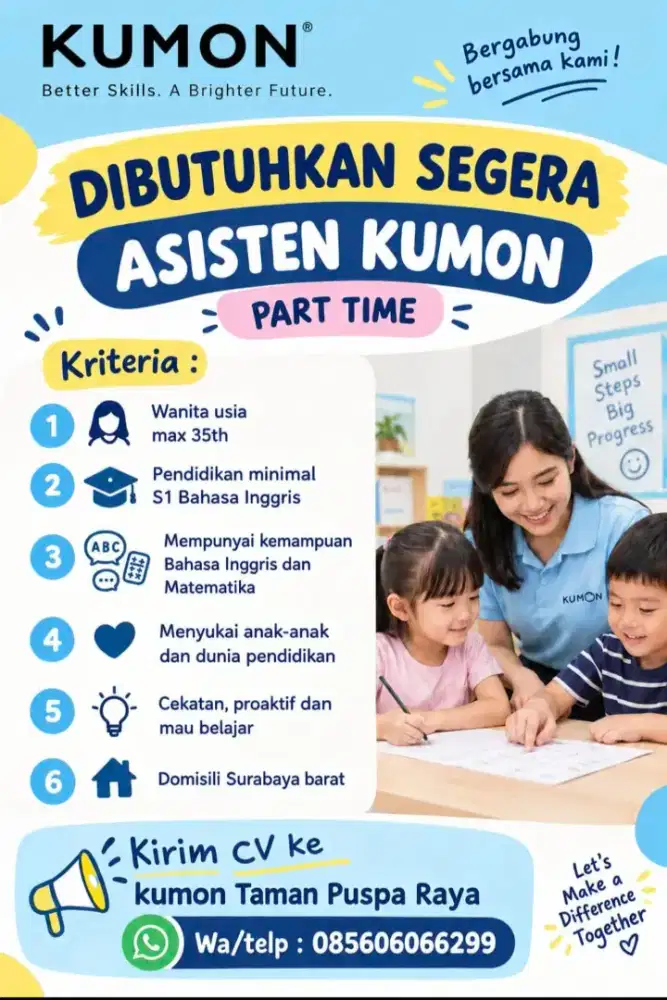 Dibutuhkan tenaga pengajar untuk bimbingan belajar KUMON.