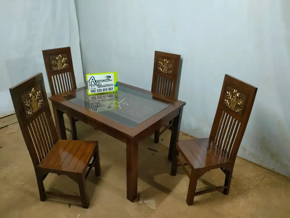 Meja makan minimalis set kaca full kayu jati