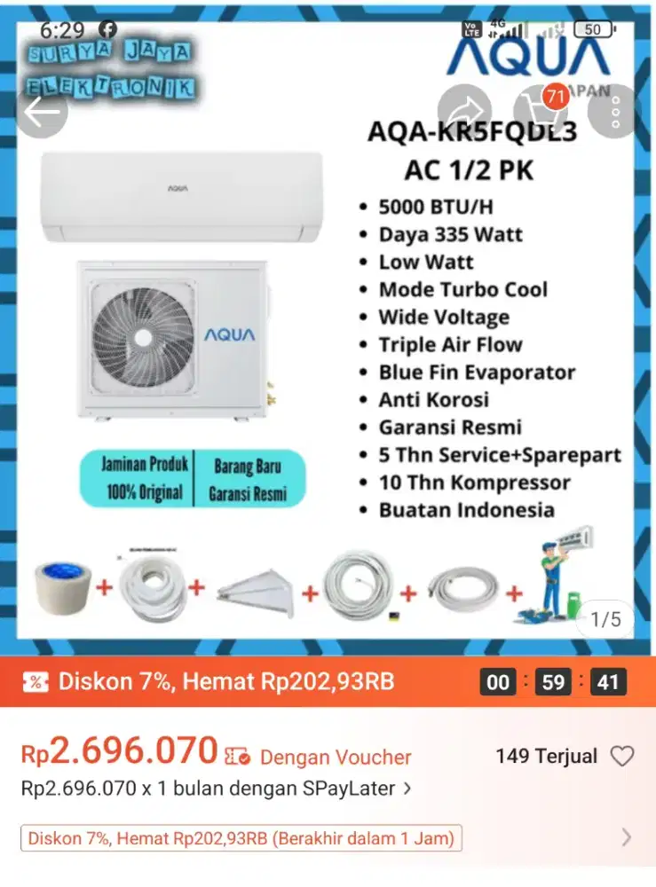 Jual AC Aqua 1/2 PK murah