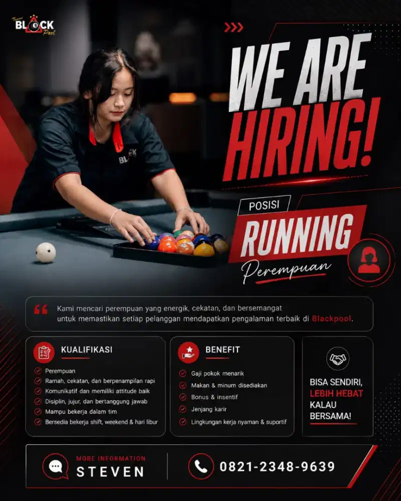 DICARI KASIR WANITA DAN RUNNING UNTUK BLACKPOOL BILLIARD