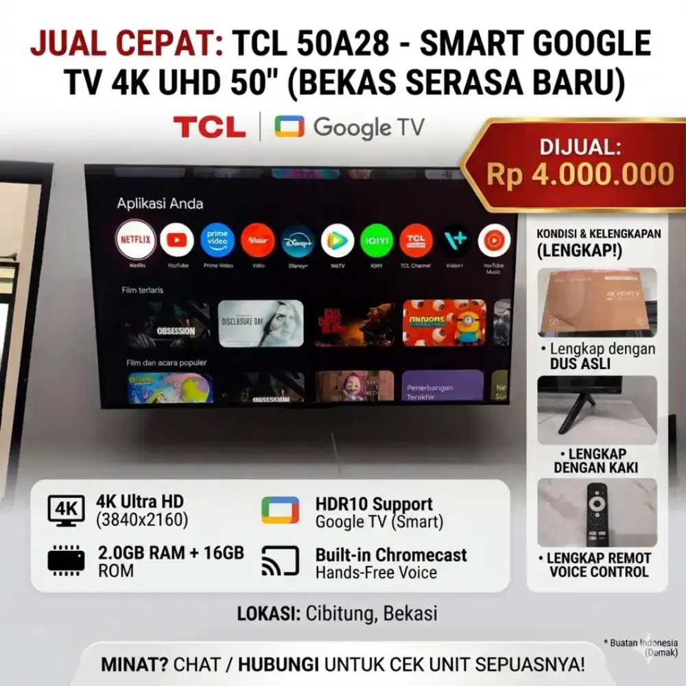 JUAL CEPAT Smart Google TV 4K TCL 50 Inch Kondisi Istimewa Lengkap