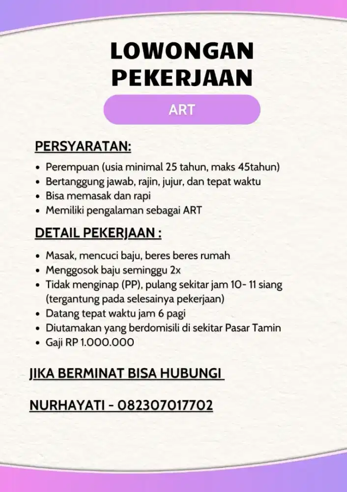 Lowongan Asisten Rumah Tangga
