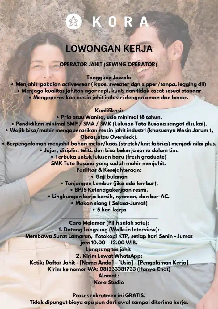 LOWONGAN KERJA PENJAHIT & QC