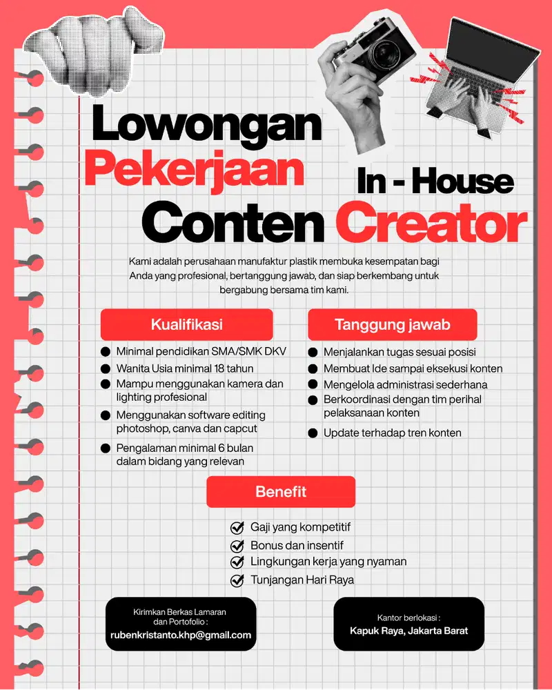 Lowongan kerja konten kreator, fotografer dan design grafis internal