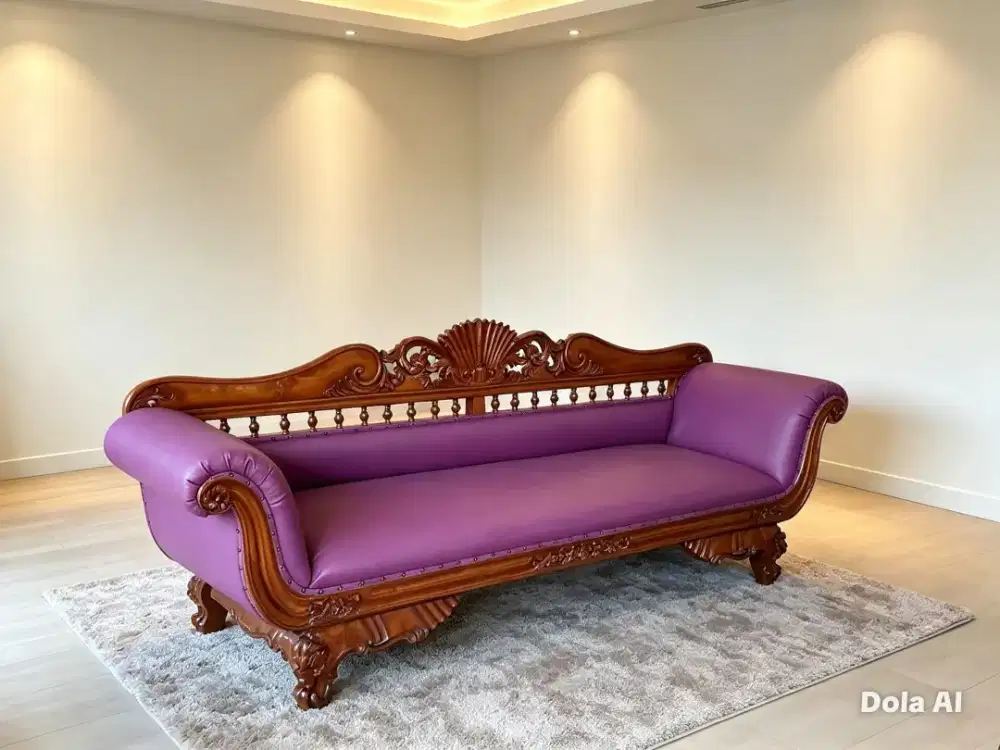 Sofa Cleo kayu jati ukir jok ungu