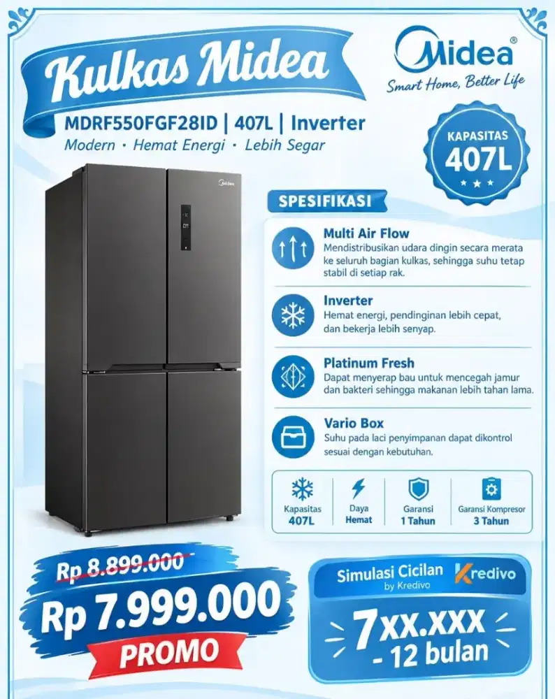 Kulkas Side By Side Midea 407L Inverter