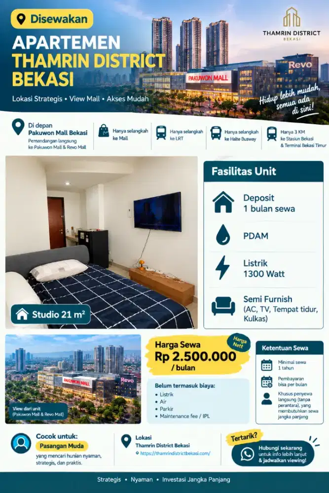 Disewakan Apartemen Thamrin District Bekasi Studio View Pakuwon Mall