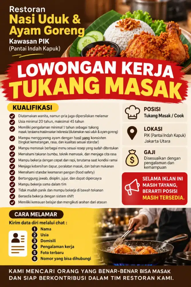Lowongan kerja koki masakan indonesia -pik