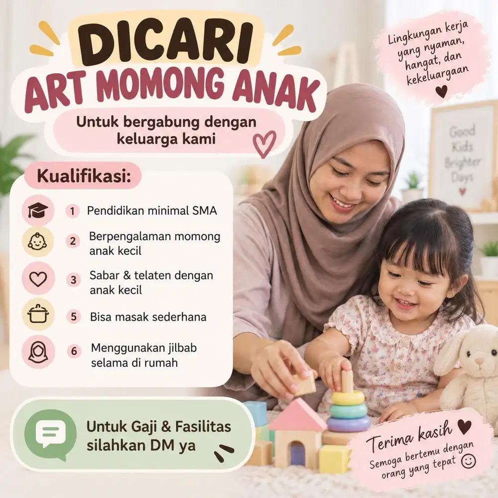 Dicari 2 ART Momong Anak Menginap