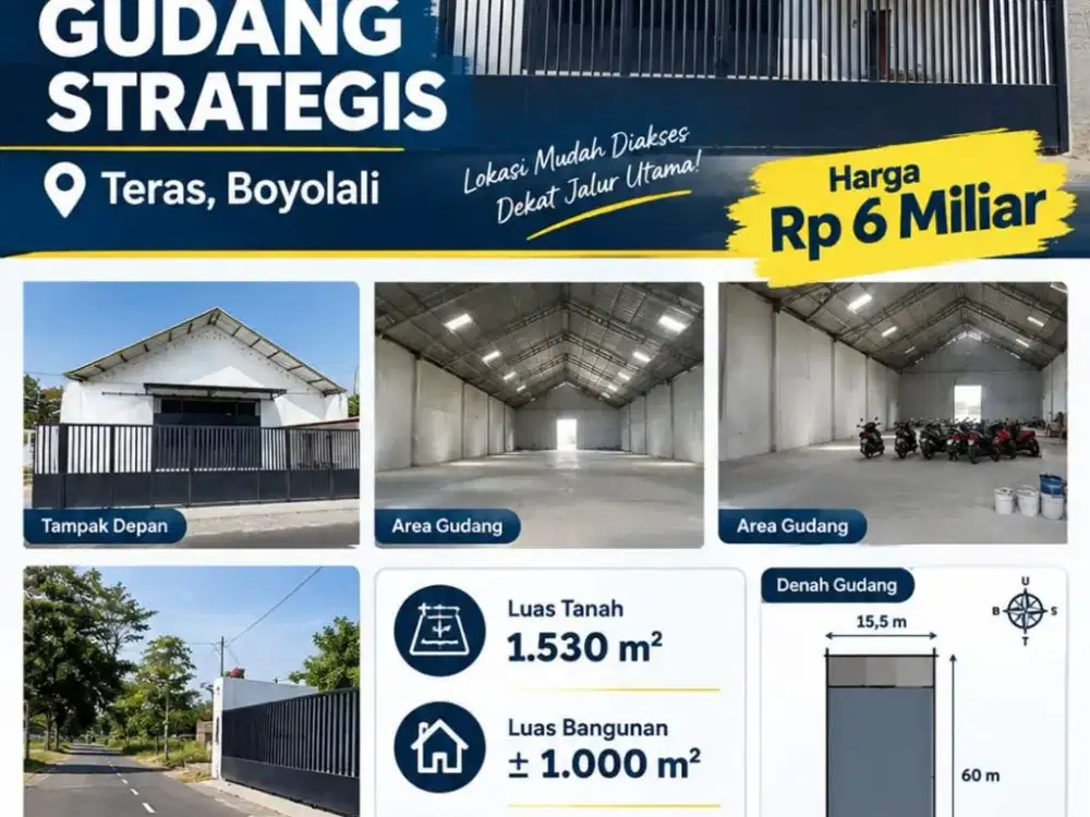 Dijual Gudang Baru Zona Kuning Lokasi Strategis Teras Boyolali Luas 1,530m2