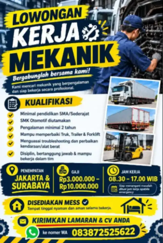 Lowongan Mekanik, Truk, Trailer & Forklift