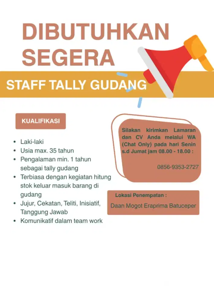 DIBUTUHKAN SEGERA STAFF TALLY GUDANG