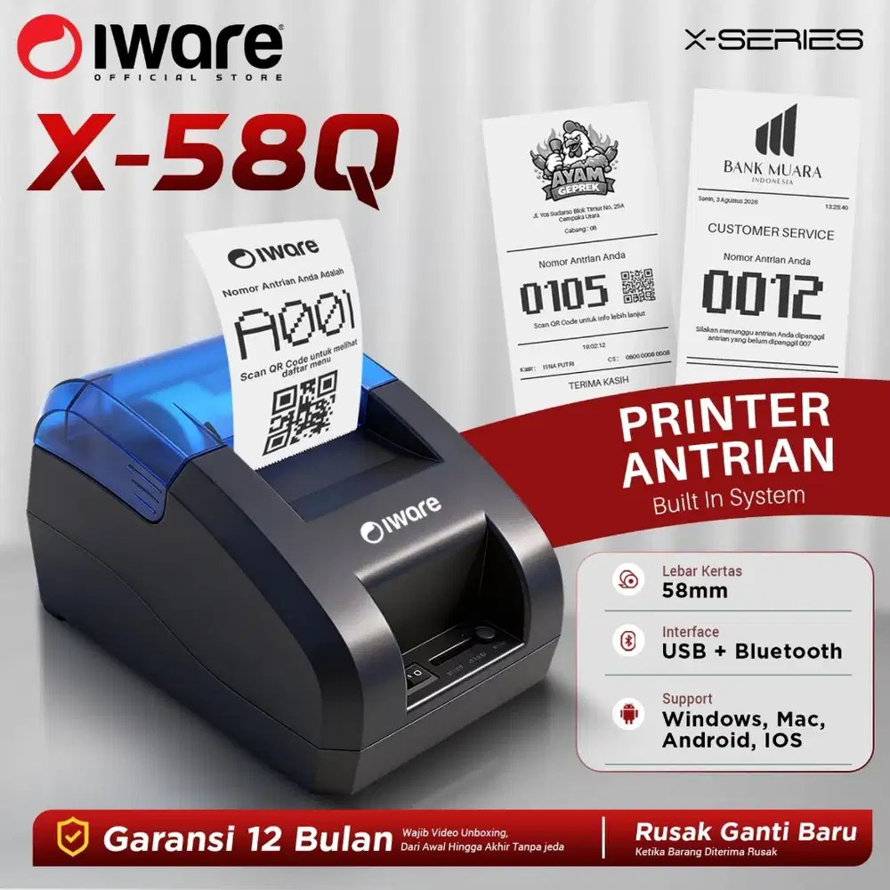 IWARE X58Q Mesin Antrian Printer Bluetooth Thermal Kasir Struk Nota 58