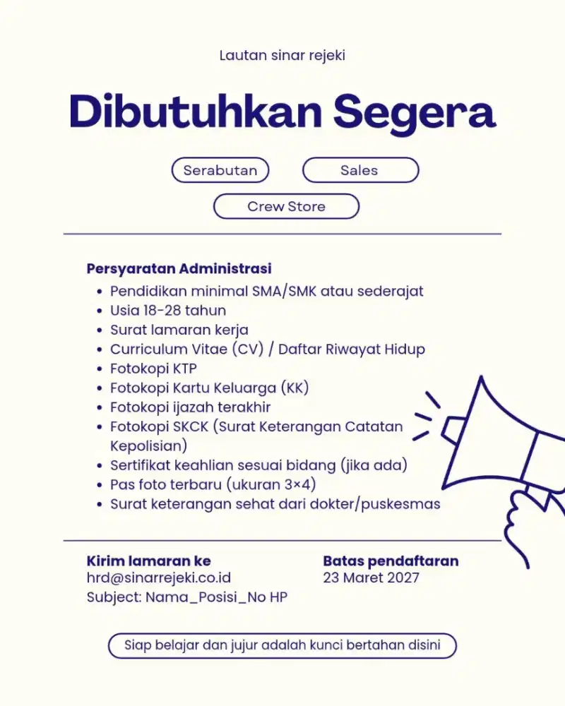 Dibutuhkan crew store, sales, dan serabutan yg niat kerja