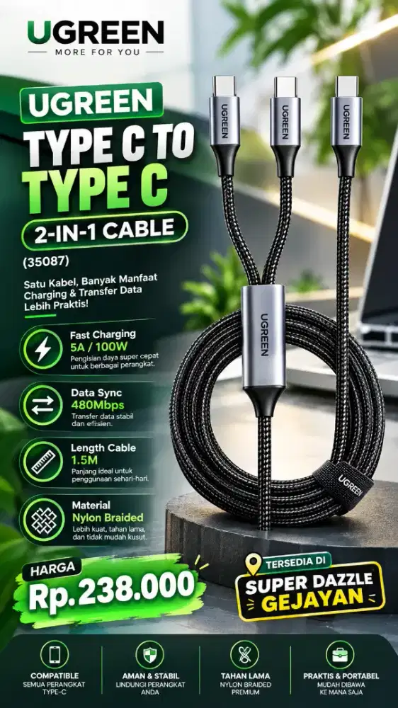 UGREEN TYPE C TO TYPE C 2-IN-1 CABLE (35087)