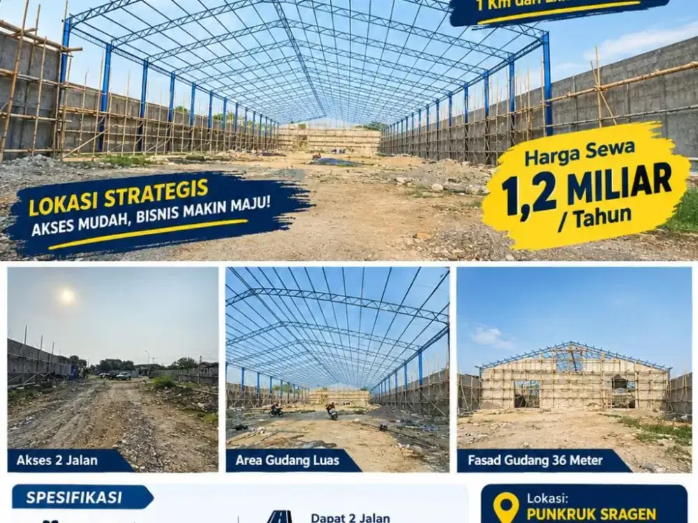 Disewakan Gudang Zona Kuning Lokasi Super Strategis Pungkruk,Sragen Luas 6200m2