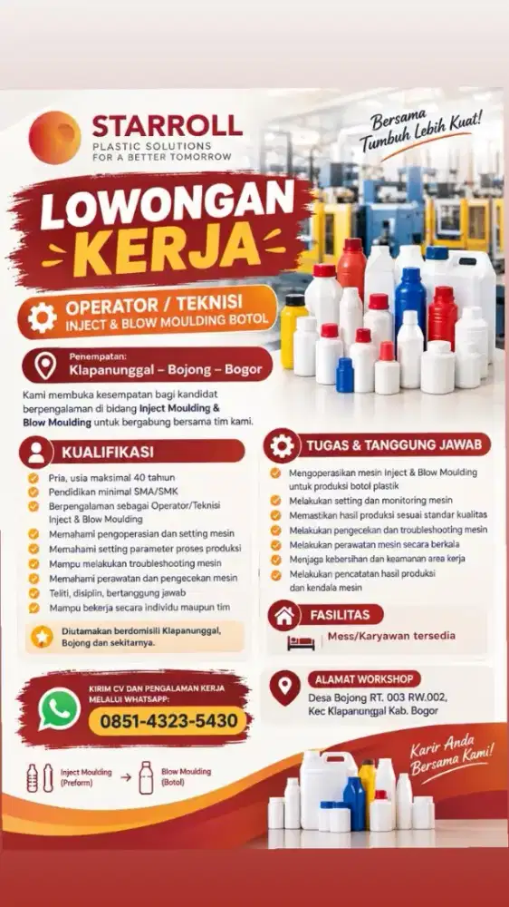 LOWONGAN KERJA OPERATOR/TEKNISI INJECT DAN BLOW MOULDING