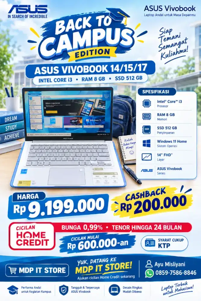 Cicilan laptop Asus vivobook i3 ram 8 SSD 512