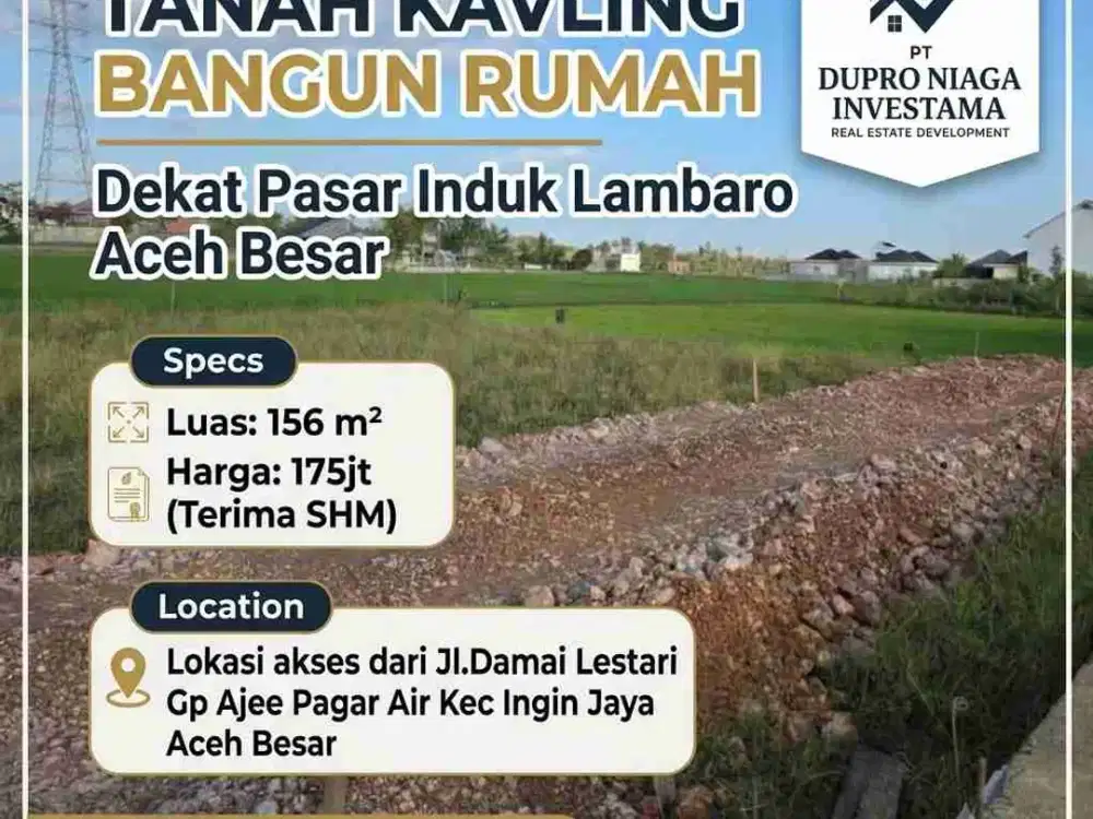 Tanah Kavling Siap Bangun 156m² Dekat Pasar Lambaro (Terima SHM)